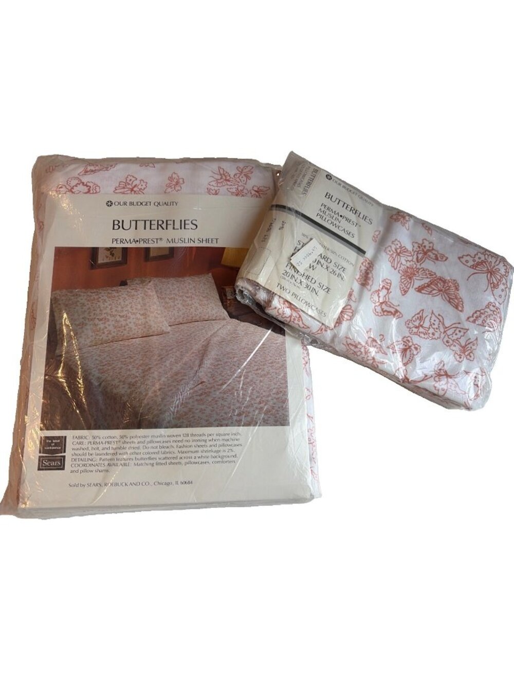 VTG Sears Butterflies Full Size Flat Sheet & Pillowcases Perma Prest Muslin New